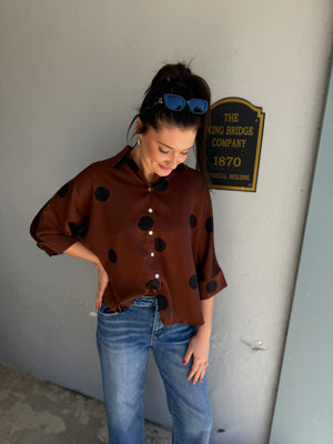 Entro Brown Polka Satin Button Down Top