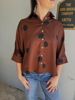 Entro Brown Polka Satin Button Down Top