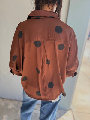 Entro Brown Polka Satin Button Down Top