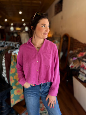 Entro Orchid Suede Gold Button Up Top w/ Bubble Hem