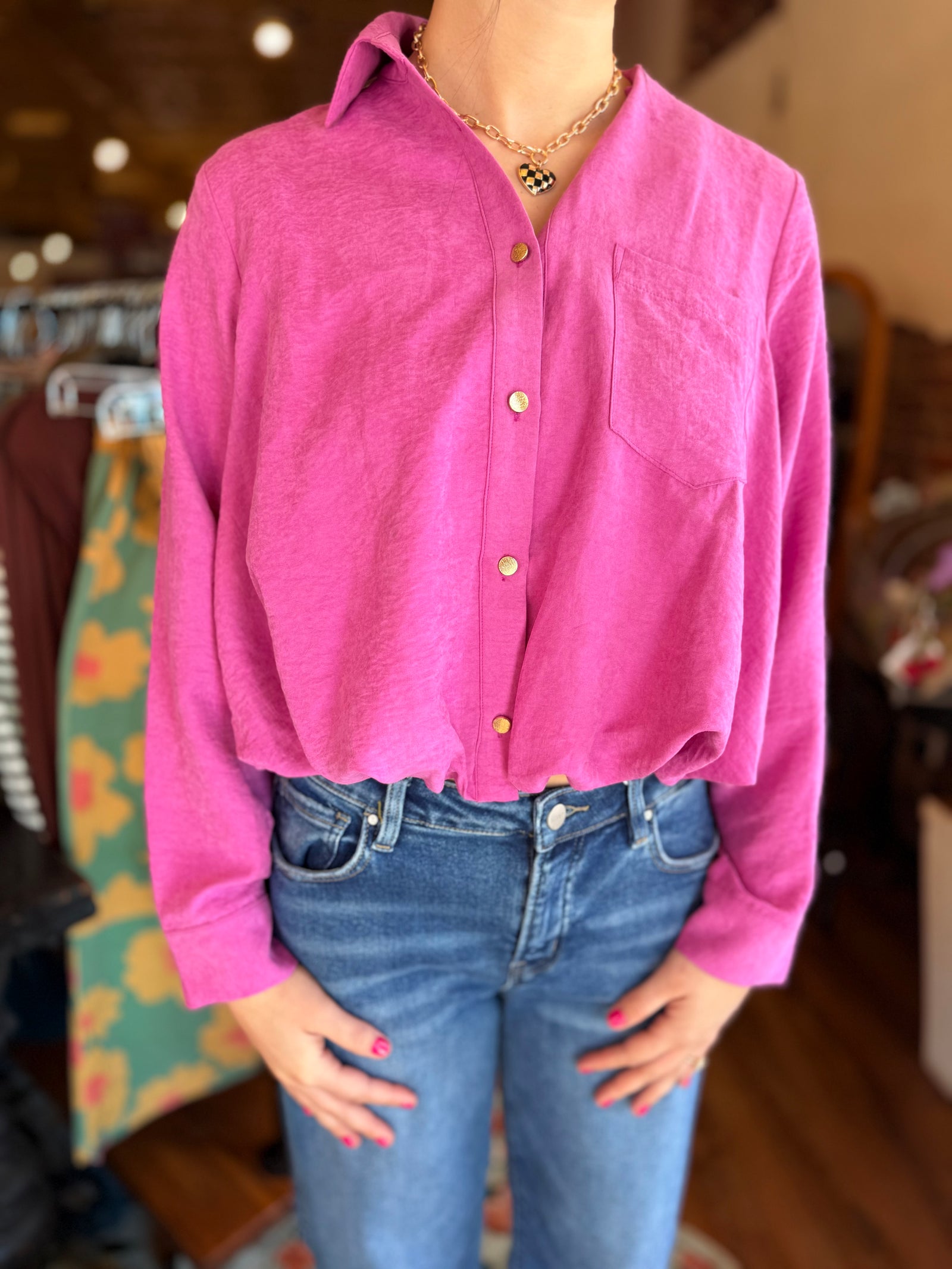Entro Orchid Suede Gold Button Up Top w/ Bubble Hem