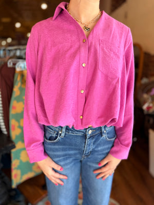 Entro Orchid Suede Gold Button Up Top w/ Bubble Hem