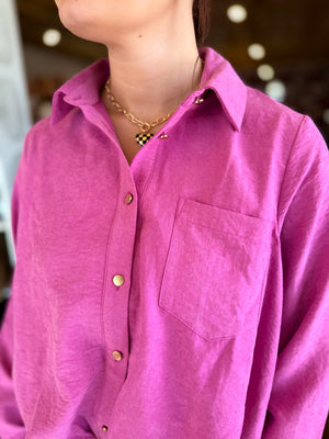 Entro Orchid Suede Gold Button Up Top w/ Bubble Hem