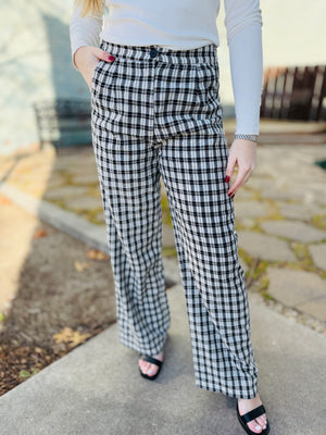 Black Plaid Wide Leg Pants w/ Back Elastic