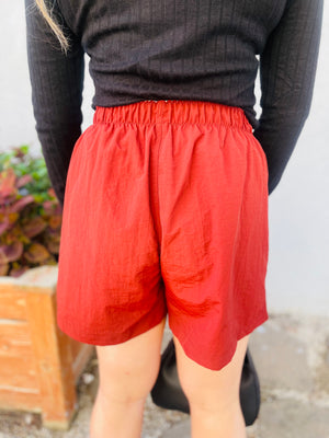 Rust Windbreaker Elastic Waist Button Shorts