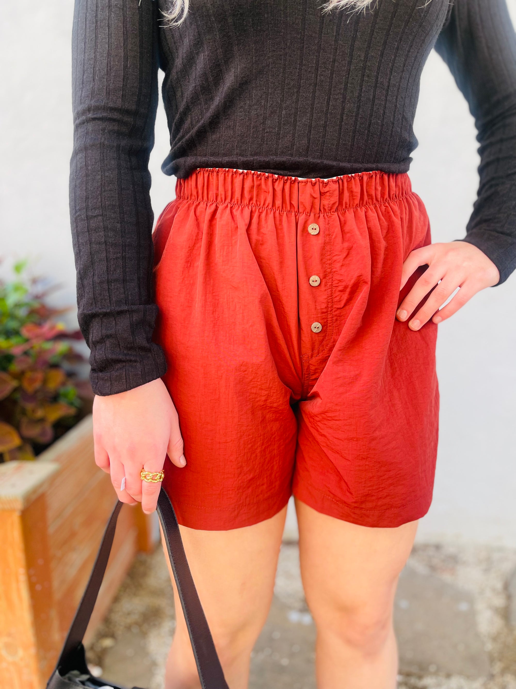 Rust Windbreaker Elastic Waist Button Shorts