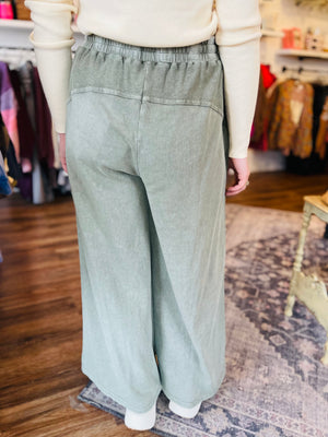 Faded Olive Terry Knit Wide Leg Bottoms