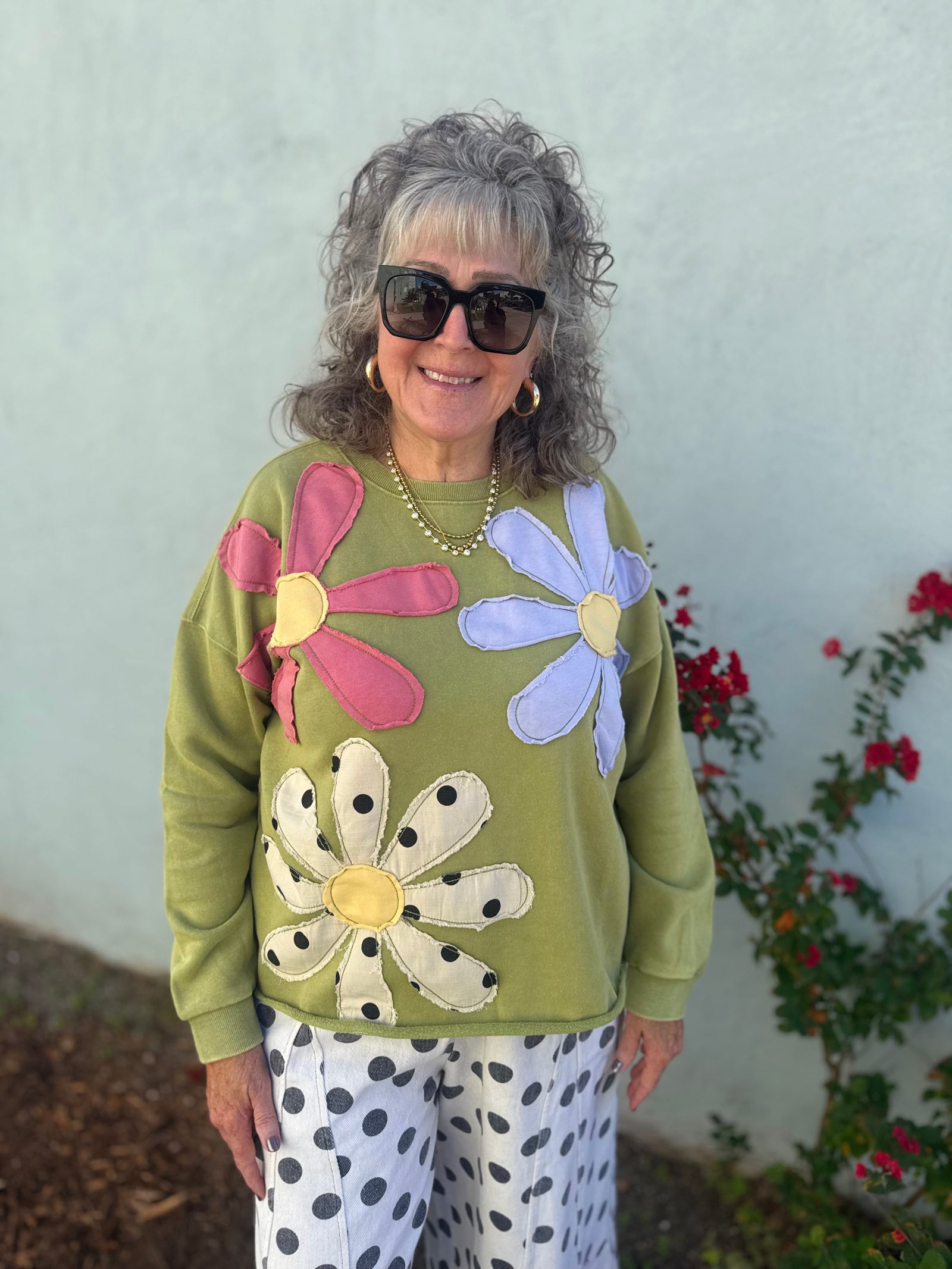 Easel Matcha Flower Patch Front Terry Knit Sweatshirt