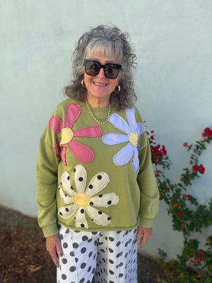 Easel Matcha Flower Patch Front Terry Knit Sweatshirt