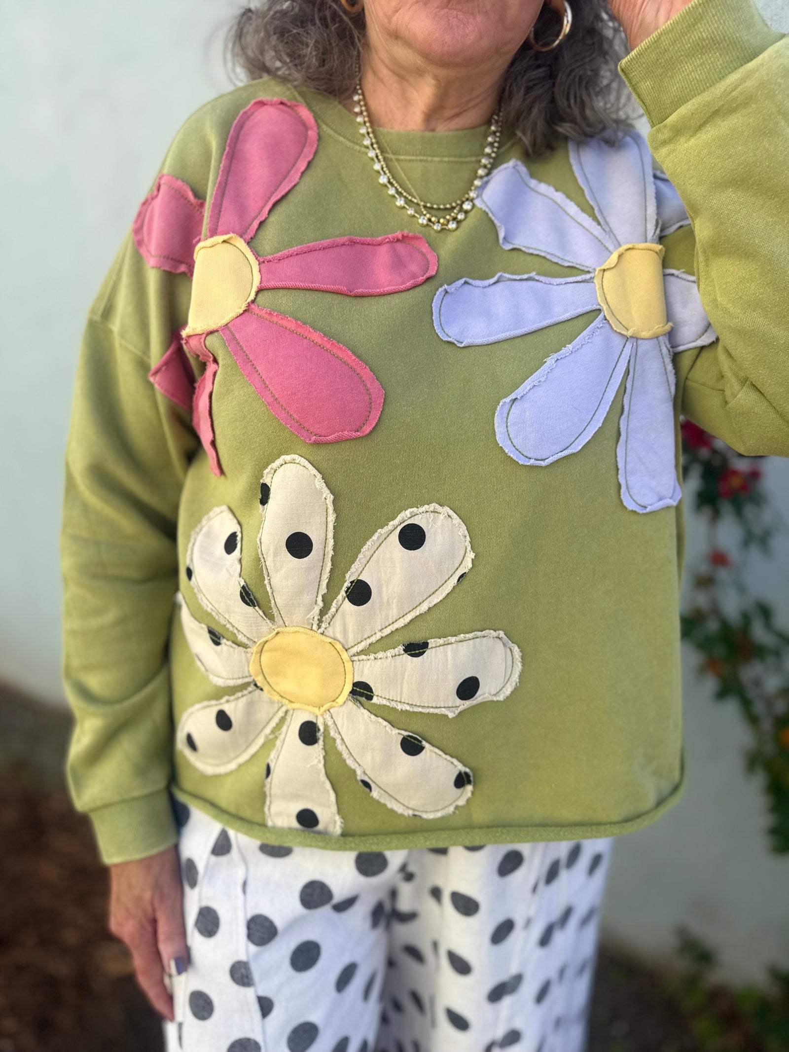 Easel Matcha Flower Patch Front Terry Knit Sweatshirt