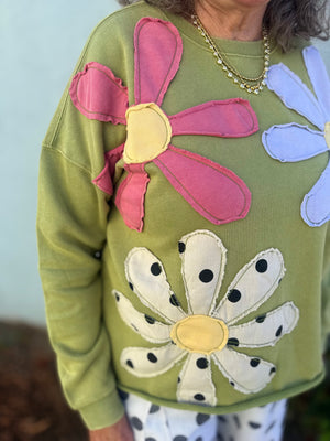 Easel Matcha Flower Patch Front Terry Knit Sweatshirt