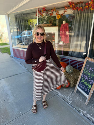 Entro Brown Long Sleeve Midi Dress w/ Stripe Bottom