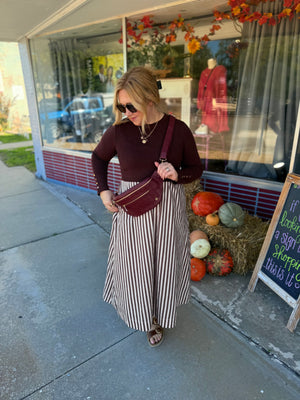 Entro Brown Long Sleeve Midi Dress w/ Stripe Bottom