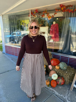 Entro Brown Long Sleeve Midi Dress w/ Stripe Bottom