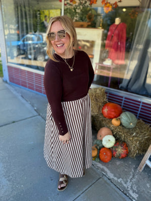 Entro Brown Long Sleeve Midi Dress w/ Stripe Bottom