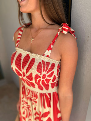 Davi & Dani Red Retro Geo Floral Knit Jumpsuit