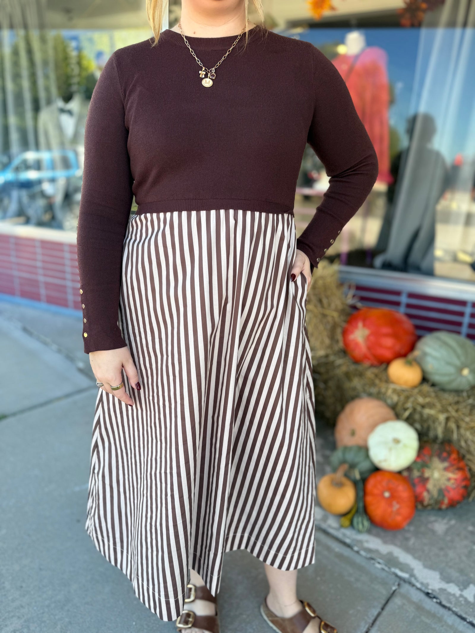 Entro Brown Long Sleeve Midi Dress w/ Stripe Bottom