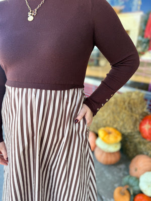 Entro Brown Long Sleeve Midi Dress w/ Stripe Bottom