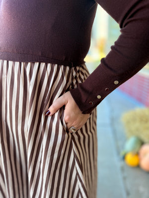 Entro Brown Long Sleeve Midi Dress w/ Stripe Bottom