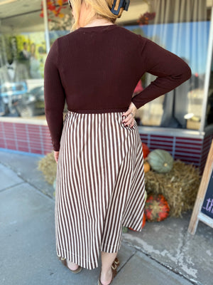 Entro Brown Long Sleeve Midi Dress w/ Stripe Bottom
