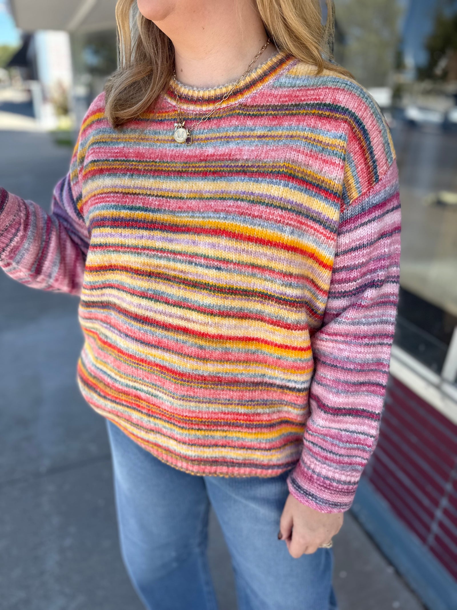 Easel Rainbow Stripe Oversized Knit Sweater