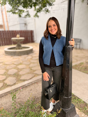 Blue Single Button Knit Sweater Vest