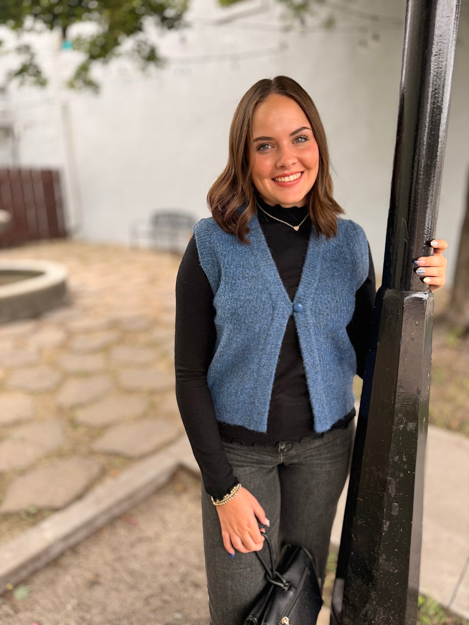 Blue Single Button Knit Sweater Vest