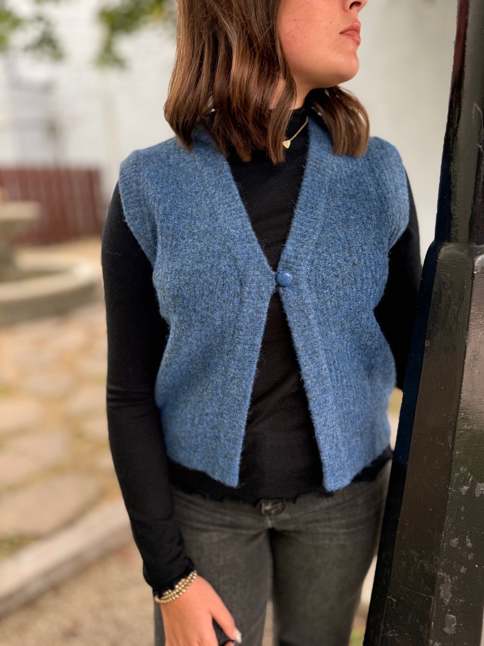 Blue Single Button Knit Sweater Vest