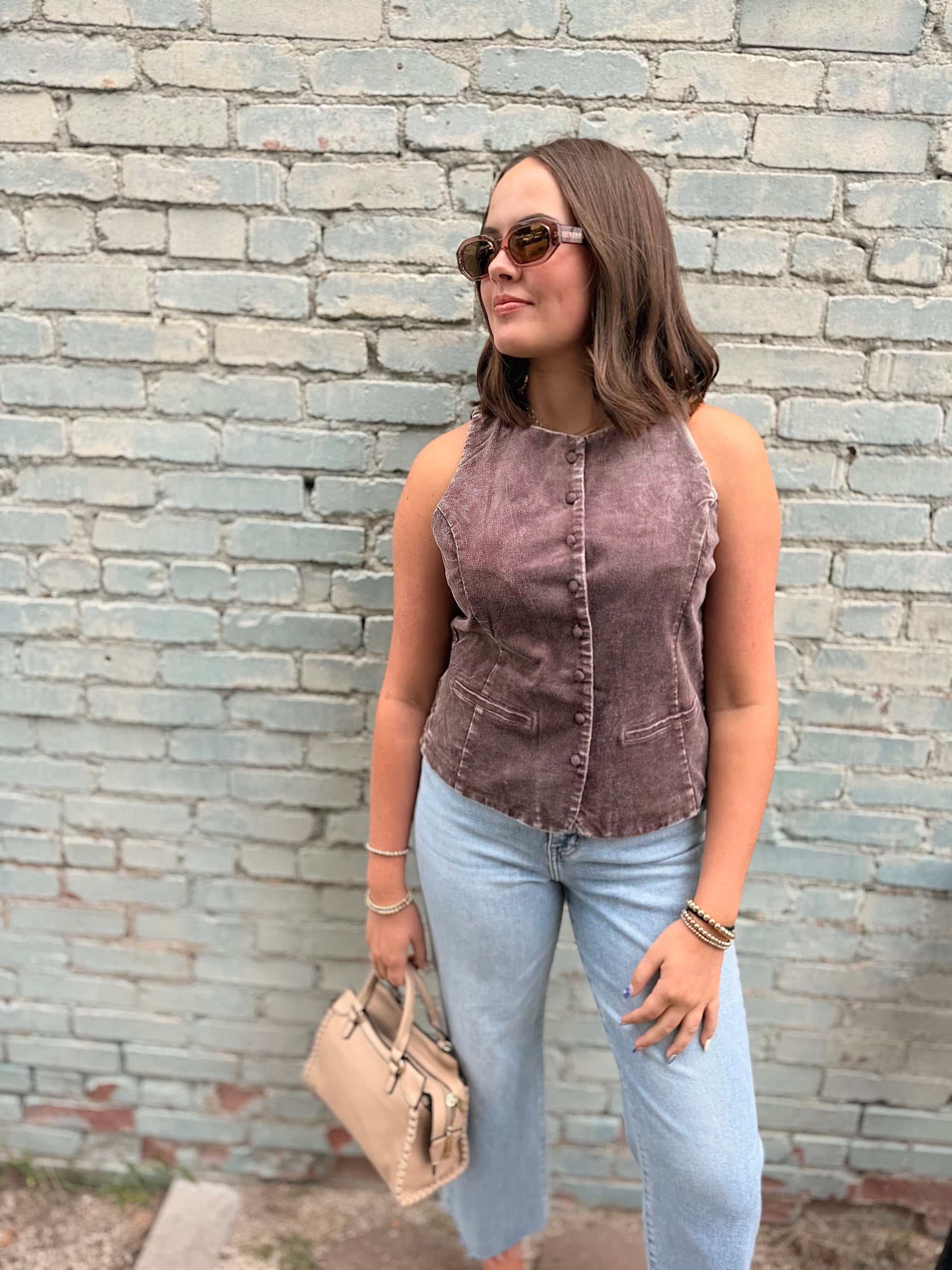 Red Bean Mineral Washed Sleek Buttoned Vest