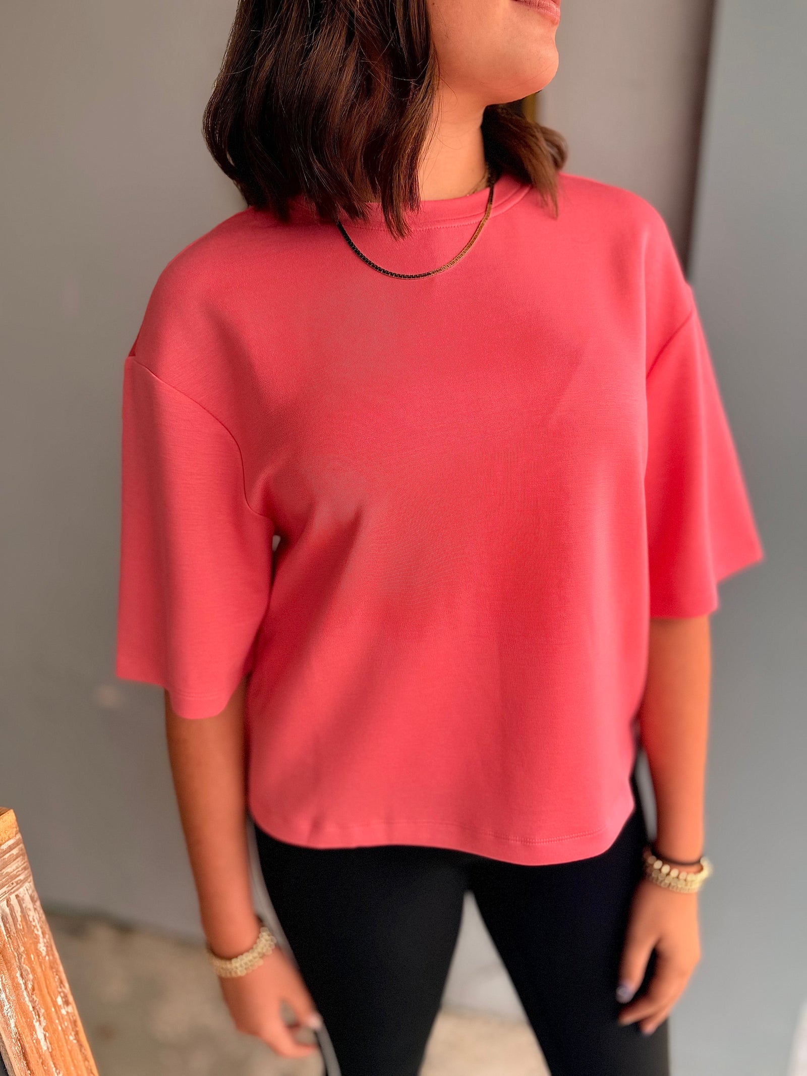 Pink Double Knit Drop Shoulder Basic Top