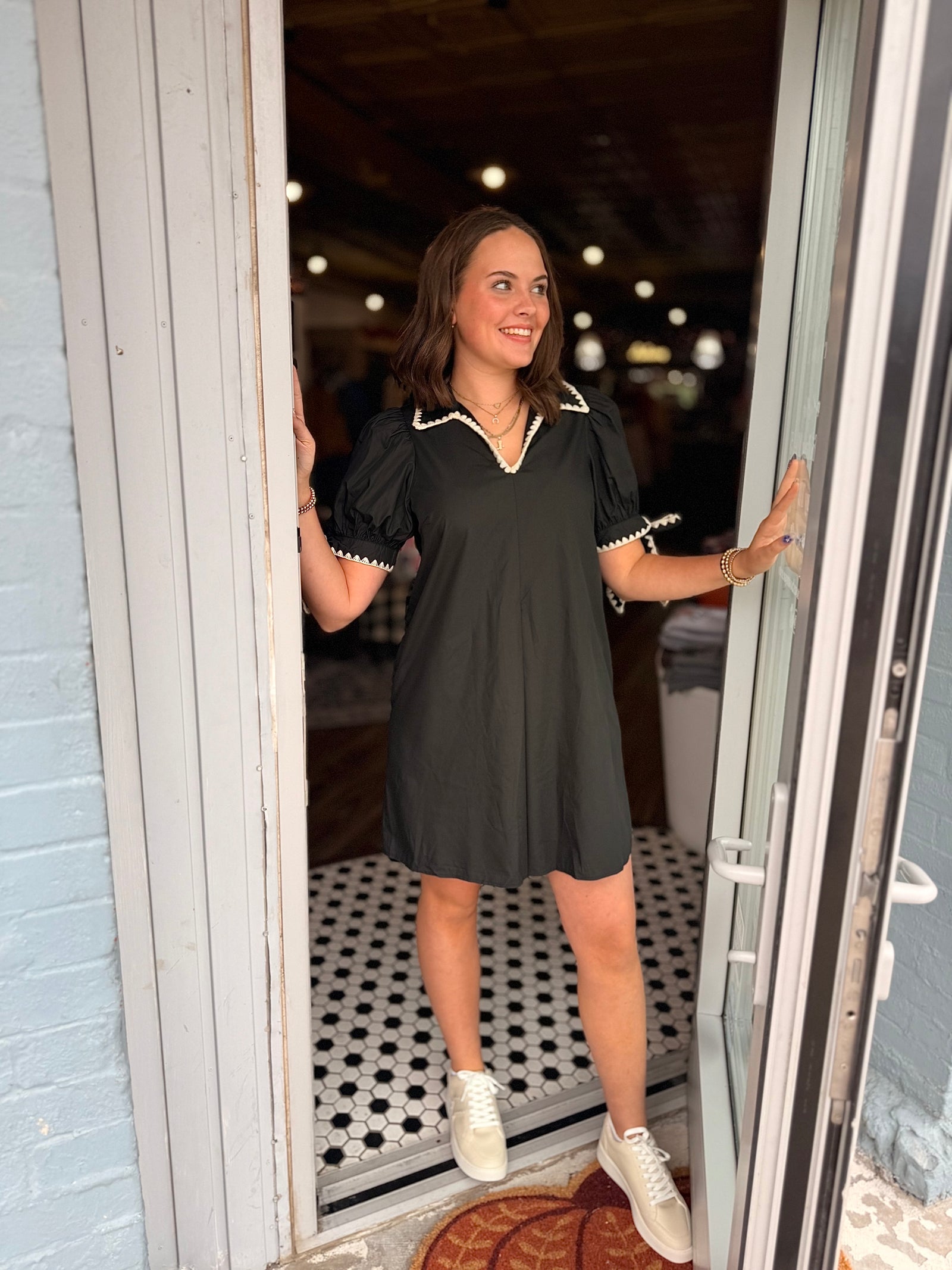 Black Short Tie Sleeve Mini Dress w/ Crochet Piping