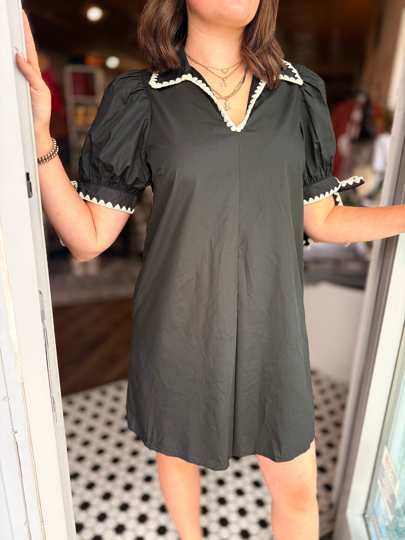 Black Short Tie Sleeve Mini Dress w/ Crochet Piping