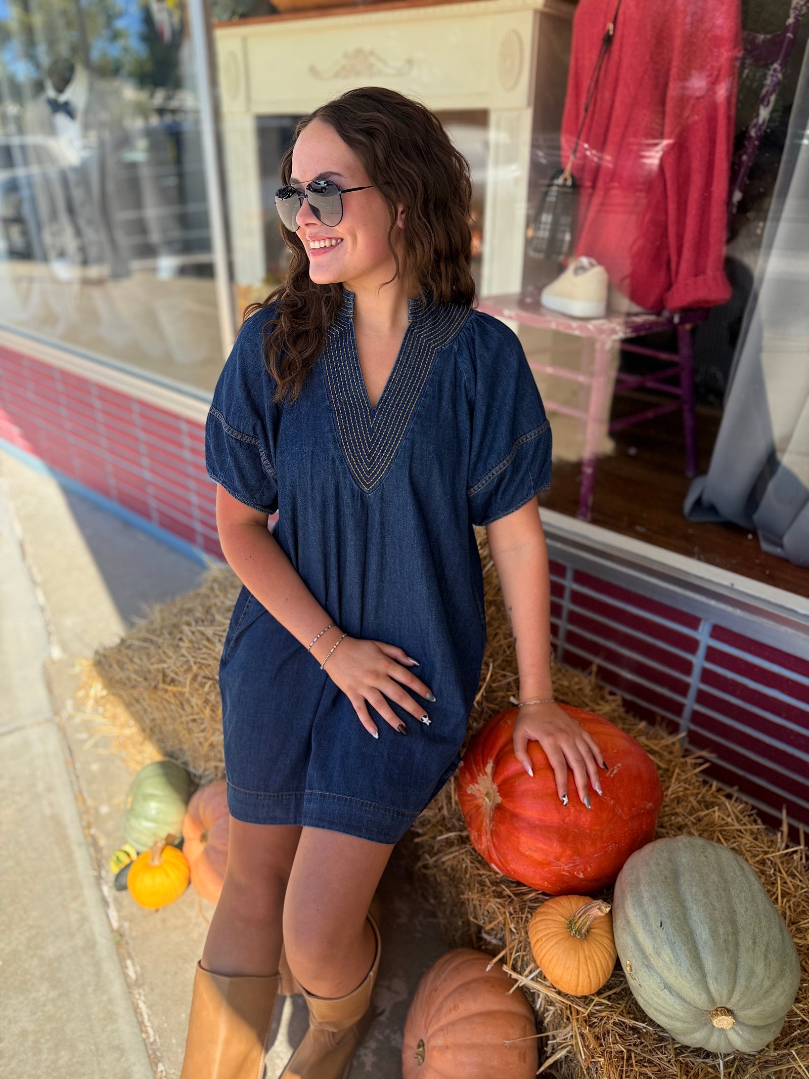 Umgee Denim V-Neck Thread Detail Mini Dress