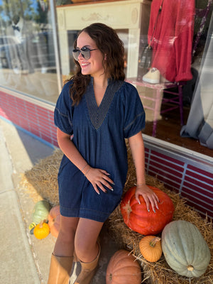 Umgee Denim V-Neck Thread Detail Mini Dress
