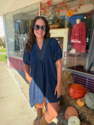 Umgee Denim V-Neck Thread Detail Mini Dress