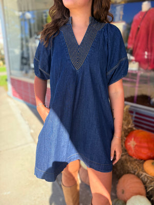 Umgee Denim V-Neck Thread Detail Mini Dress
