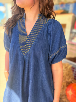 Umgee Denim V-Neck Thread Detail Mini Dress