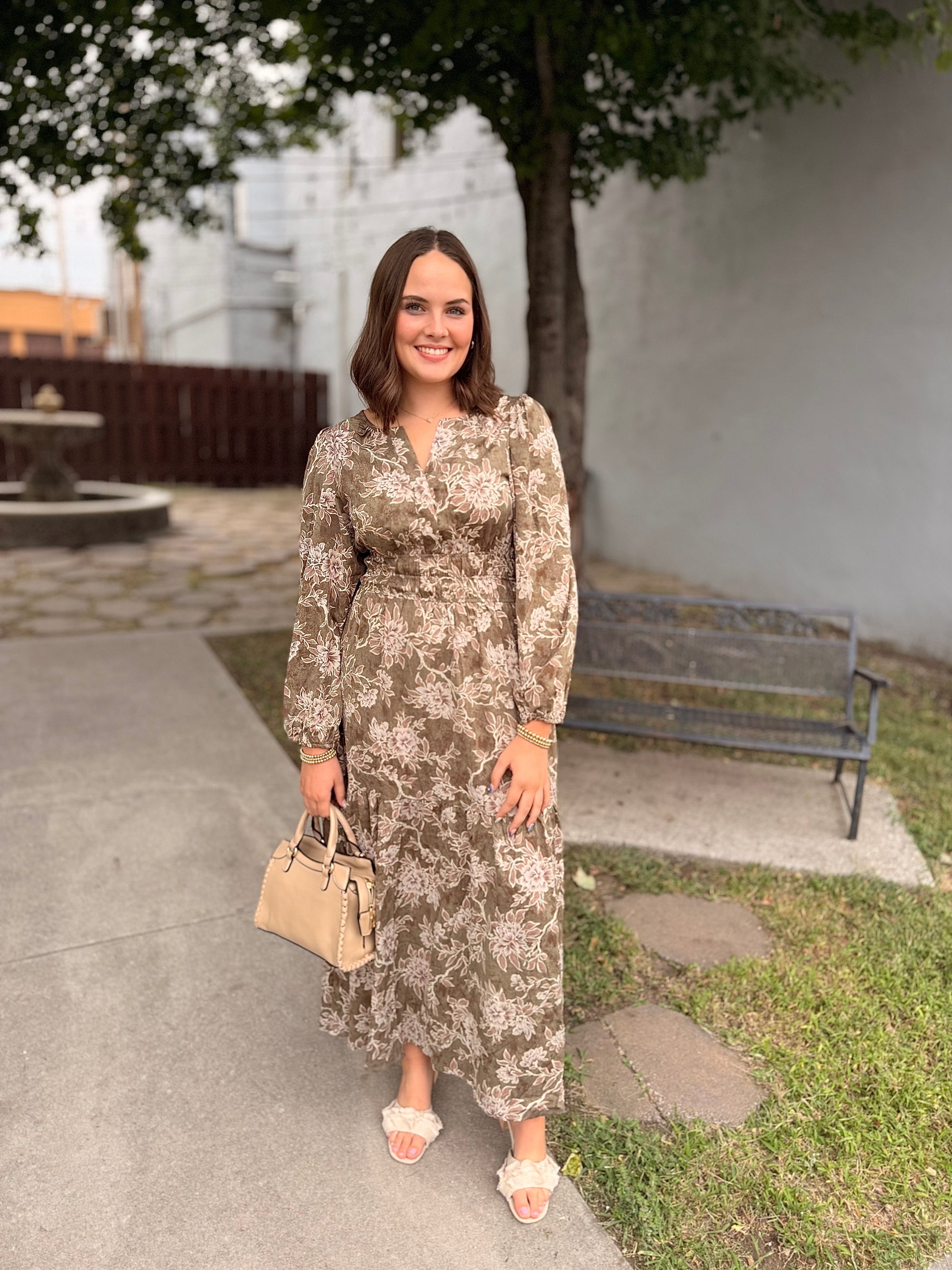 Olive Vintage Floral Tiered Maxi Dress