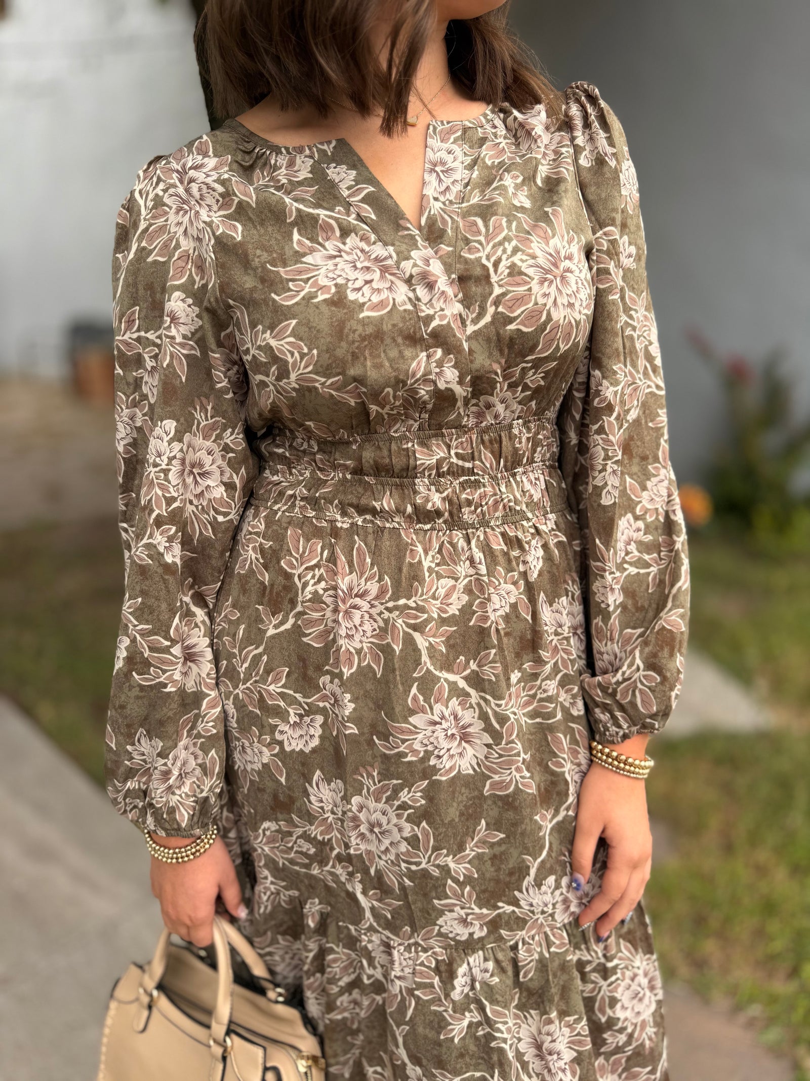 Olive Vintage Floral Tiered Maxi Dress