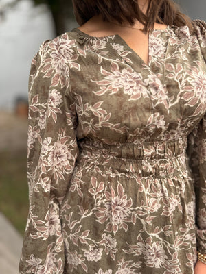 Olive Vintage Floral Tiered Maxi Dress