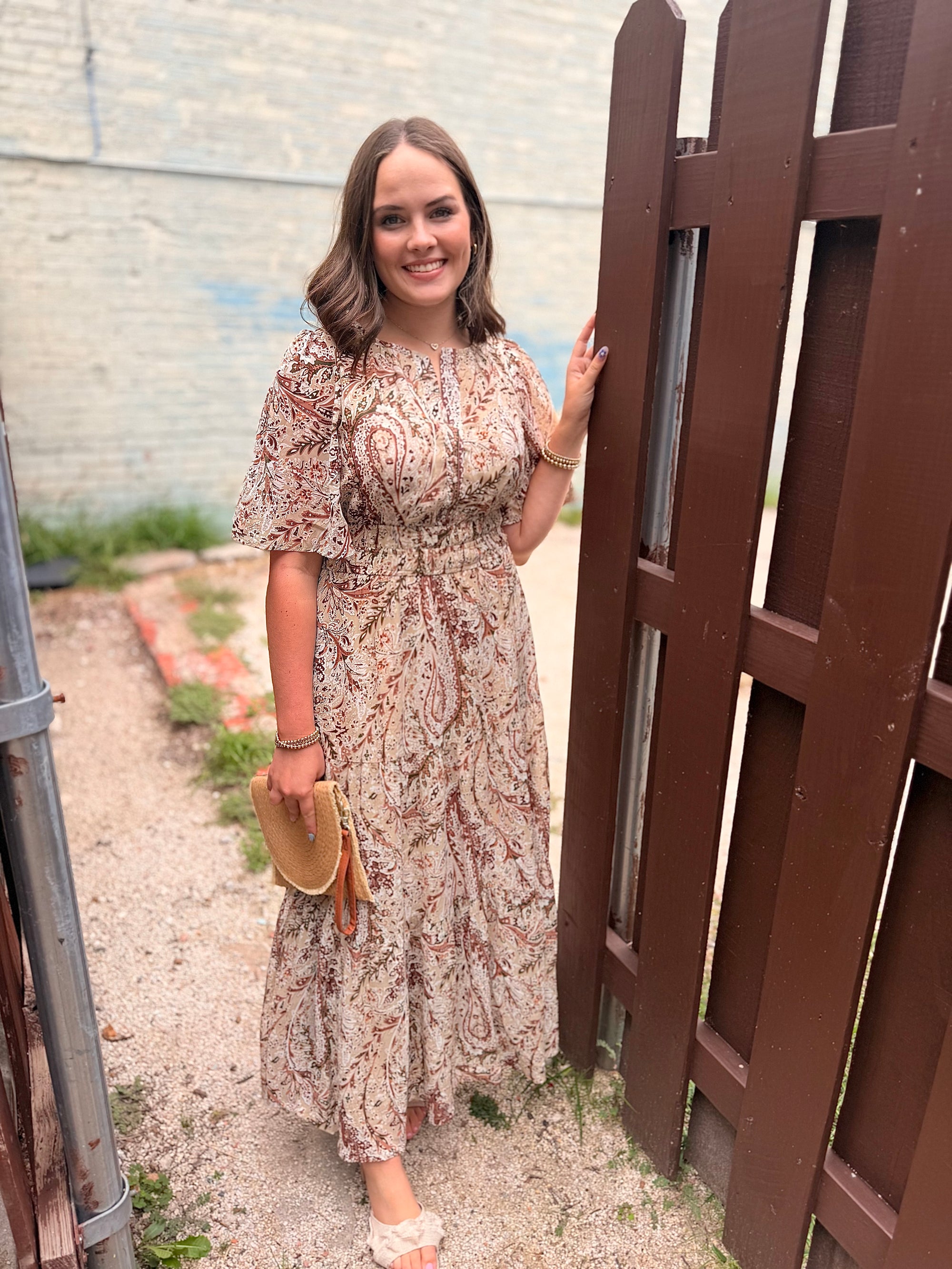 Taupe Paisley Print Flutter Sleeve Maxi Dress