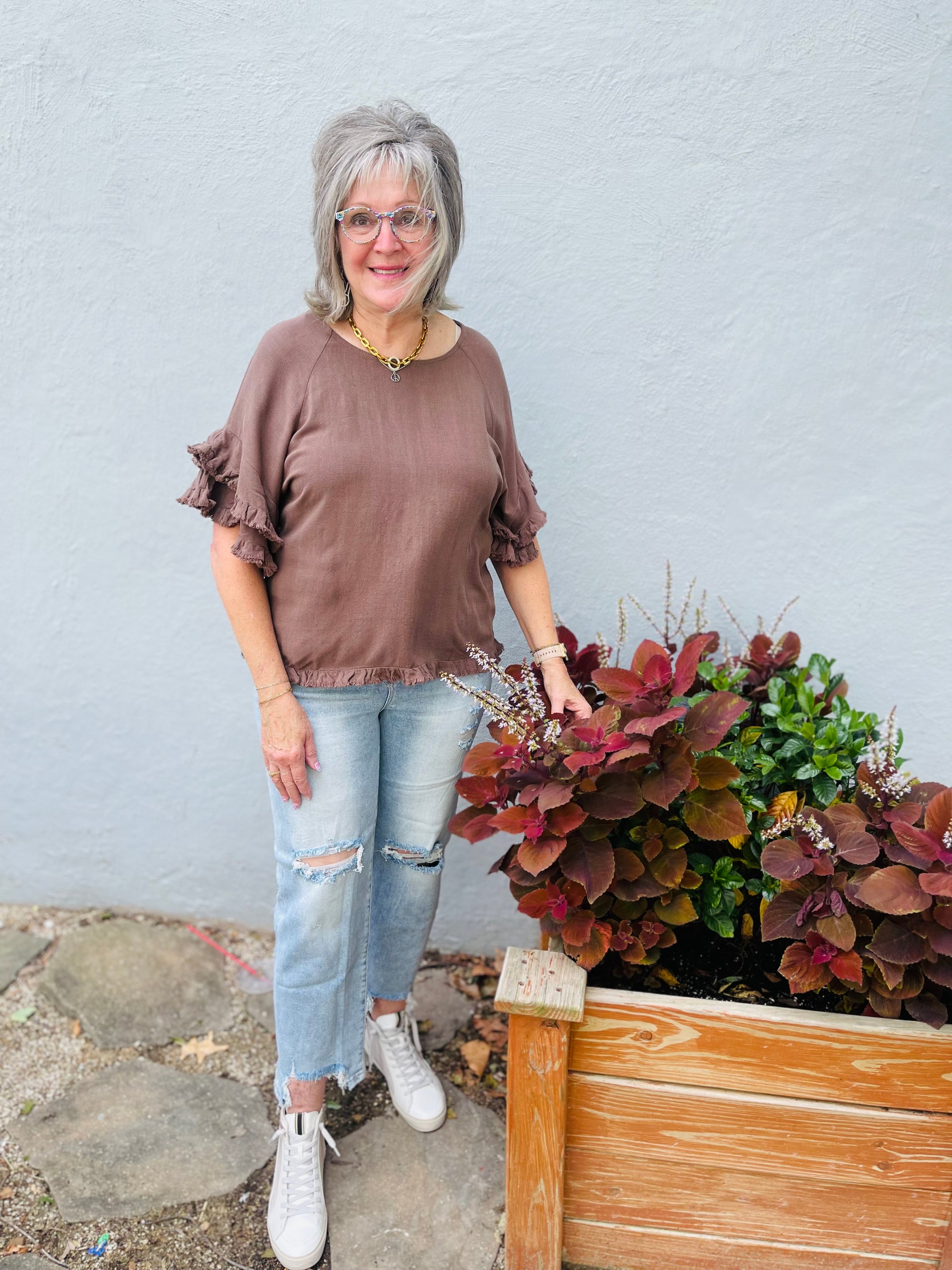 Brown Frayed Hem Tiered Sleeve Top