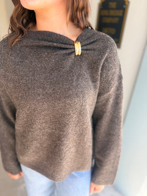 She & Sky Brown Sweater Top w/ Brooch Detail