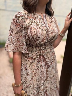 Taupe Paisley Print Flutter Sleeve Maxi Dress