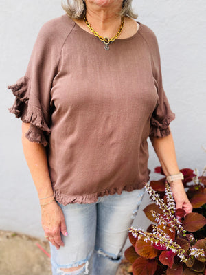 Brown Frayed Hem Tiered Sleeve Top