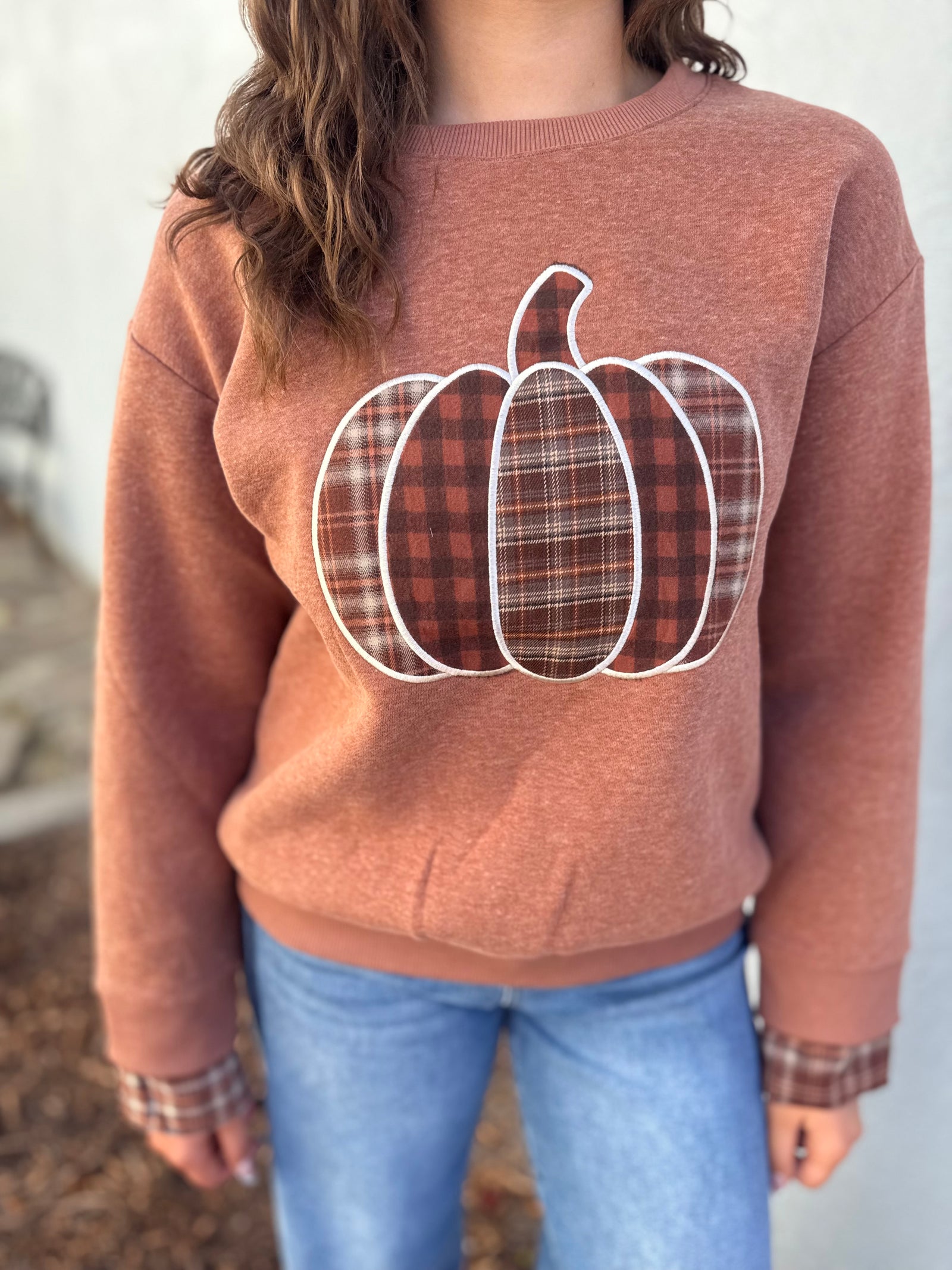 She + Sky Cinnamon Patchwork Plaid Pumpkin Sweatshirt