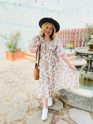 Taupe Floral Collared Button Front Dress