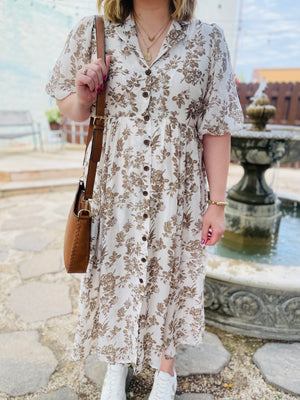 Taupe Floral Collared Button Front Dress