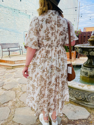 Taupe Floral Collared Button Front Dress