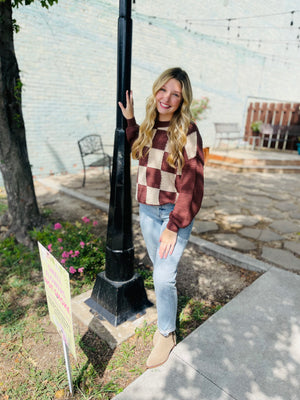 Brown Checkered Crochet Knit Long Sleeve Sweater